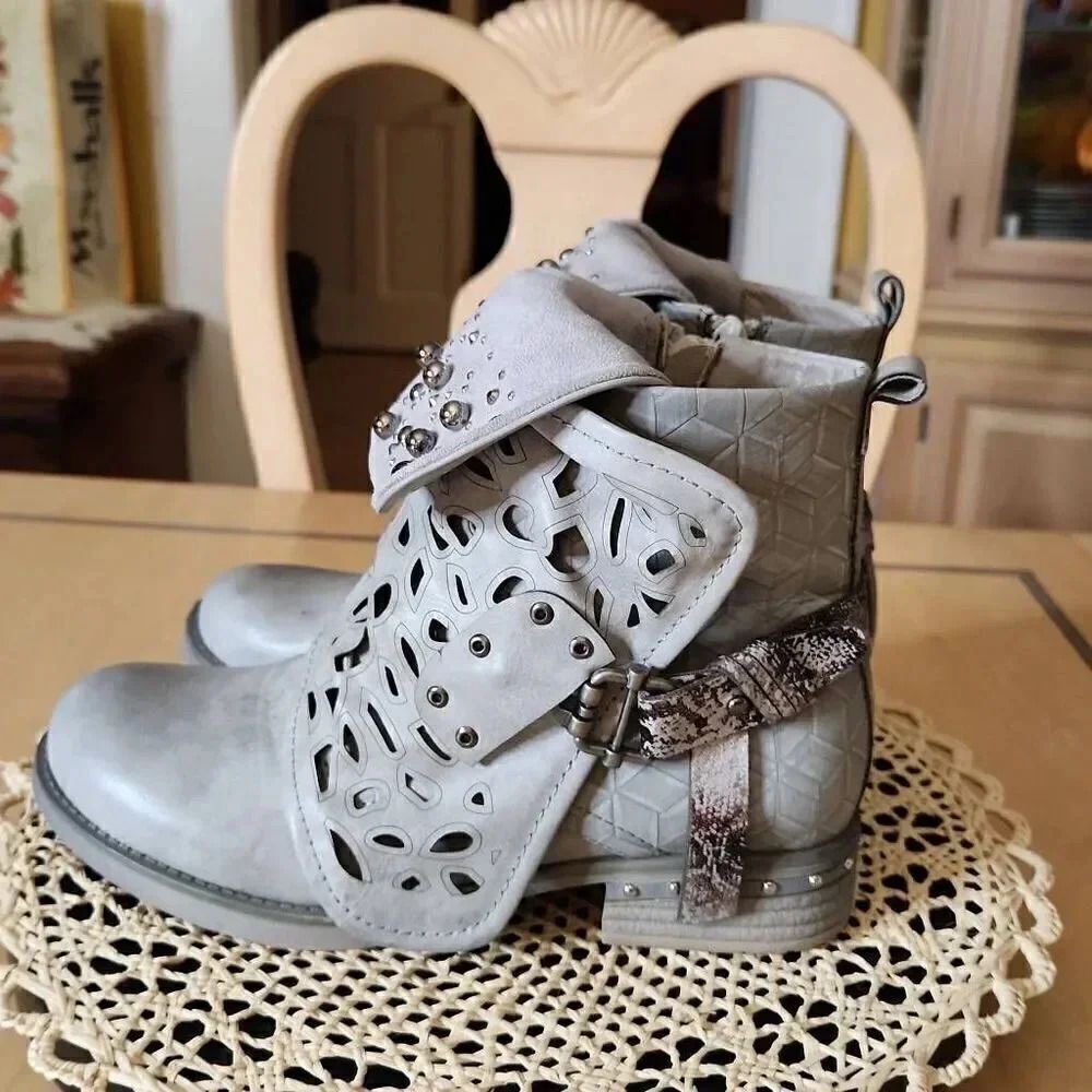 Motorcycle gray studded Combat Ankle Boots women's size 6.5